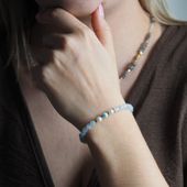 Bransoletka - Akwamaryn fasetowany, Perły, Larimar, Hematyt i srebro złocone