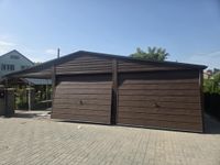 Garaż blaszany dwustanowiskowy 6x7 z wiatą 3m Ciemny Orzech PREMIUM