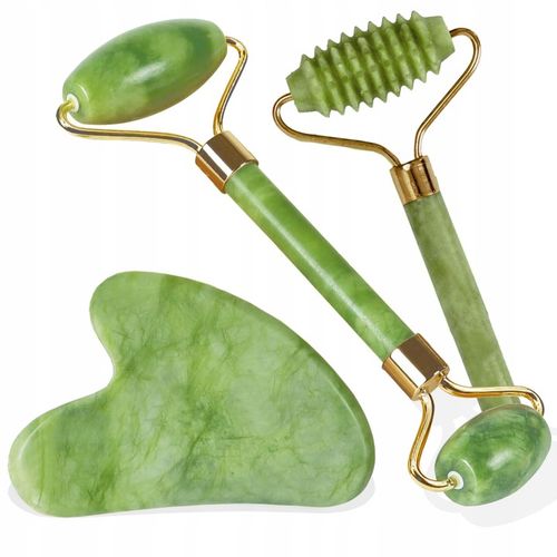 3w1 Masażer do twarzy KAMIEŃ GUA SHA z jadeitu zestaw roller wałek masażu na Arena.pl