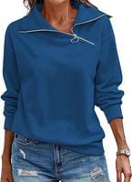 Bluza damska z zamkiem sweter dekolt w szpic granatowy długi rękaw XS