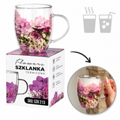 szklanka termiczna z kwiatami w środku, wrzos, różowa hortensja 300 ml