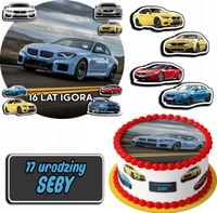 ZESTAW OPŁATEK NA TORT 30CM + 17 POSTACI - BMW AUTO + IMIĘ 24CM 26CM