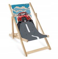 DZIECIĘCY LEŻAK DREWNIANY z Nadrukiem SAMOCHÓD NA DRODZE Regulowany Plażowy