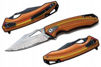 Nóż składany SURVIVAL stal DAMASCEŃSKA Damast skórzane etui flipper LUOKESI