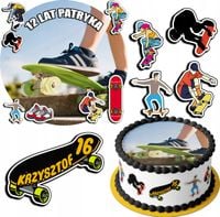 ZESTAW OPŁATEK NA TORT 30CM + 17 POSTACI - DESKOROLKA + IMIĘ 24CM 26CM