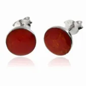 DELIKATNE OKRĄGŁE SREBRNE KOLCZYKI KÓŁKA 8MM WKRĘTKI CZERWONY KORAL SREBRO