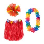 Zestaw hawajski przebranie czerwony - spódniczka, naszyjnik, spinka