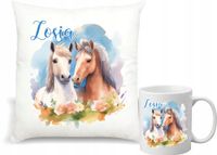 Zestaw PODUSZKA + KUBEK KONIE KOŃ IMIĘ PREZENT z napisem dedykacją imię