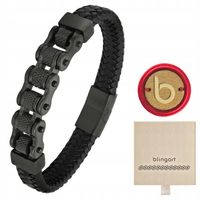 Bransoletka męska skórzana łańcuch motocyklowy czarna stal 316L BLINGART