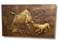 Płaskorzeźba drewniana dzik prezent dla myśliwego leśnika motyw polowania