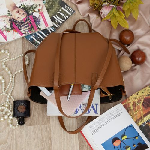 VERA PELLE torebka damska skórzana shopper mała rozpinana V695 camel na Arena.pl