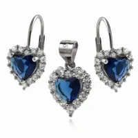 KLASYCZNY RODOWANY SREBRNY KOMPLET SERCA SERDUSZKA SZAFIROWE CYRKONIE
