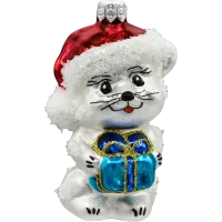 Bombka choinkowa szklana: Kotek w Świątecznej czerwonej czapce z prezentem