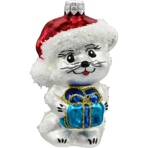 Bombka choinkowa szklana: Kotek w Świątecznej czerwonej czapce z prezentem na Arena.pl