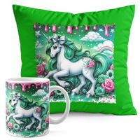 ZESTAW KUBEK + PODUSZKA ZIELONA - JEDNOROŻEC UNICORN KOŃ