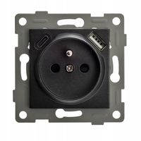 Gniazdko pojedyncze SZKLANE 230V KONTAKT z BOLCEM uziemieniem CZARNE USB C