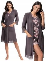 Cienki Wiskozowy Szlafrok Damski Brąz Rękaw 3/4 Wiązany Kieszenie MORAJ M