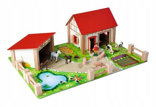 DUŻA DREWNIANA FARMA ZAGRODA + FIGURKI ZWIERZĄT KONIE ŚWINKI STAJNIA 25 EL. na Arena.pl