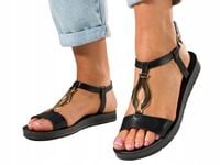 SANDAŁY DAMSKIE PŁASKA PODESZWA MODNA OZDOBA OBUWIE NA LATO CZARNE r 36