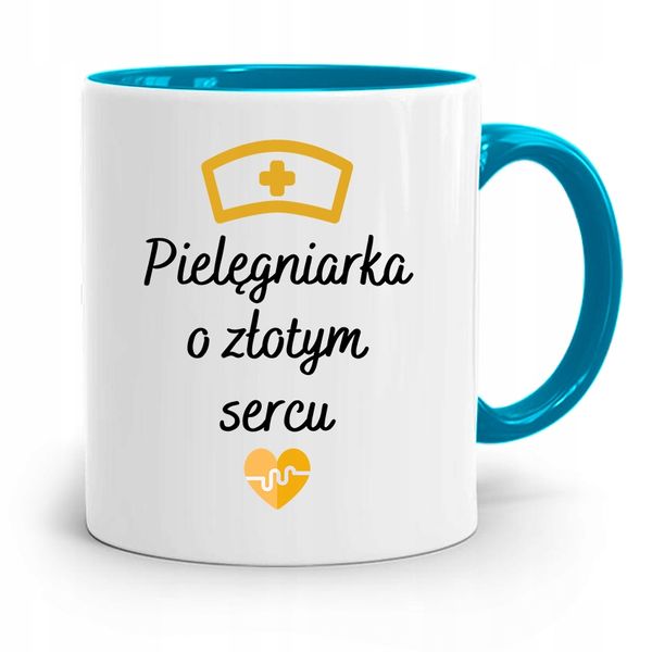 Kubek Błękitny Dla Pielęgniarki O Złotym Sercu Z Nadrukiem Ze Zdjęciem zdjęcie 1