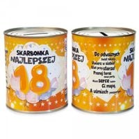 skarbonka metalowa urodzinowa z napisem "skarbonka najlepszej 18"