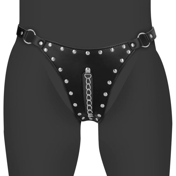 Pu Leather Chastity Thong With Chain Detail - Black zdjęcie 1