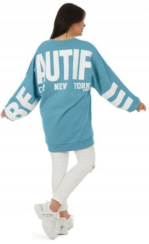 F577 nadruk BEAUTIFUL długa damska BLUZA oversize na Arena.pl