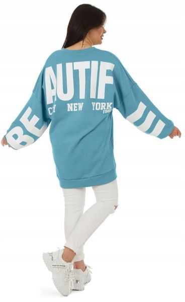 F577 nadruk BEAUTIFUL długa damska BLUZA oversize zdjęcie 2