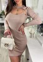 Beżowa ołówkowa sukienka mini elegancka Body Boom