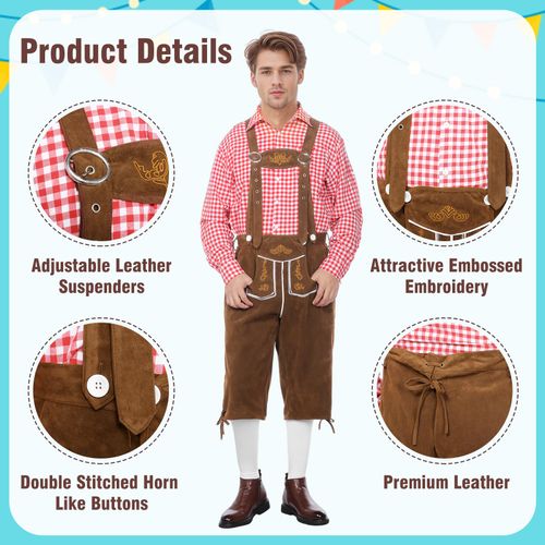 Komplet Męski Oktoberfest Skórzane Spodnie z Szelkami Koszula Czerwona S na Arena.pl