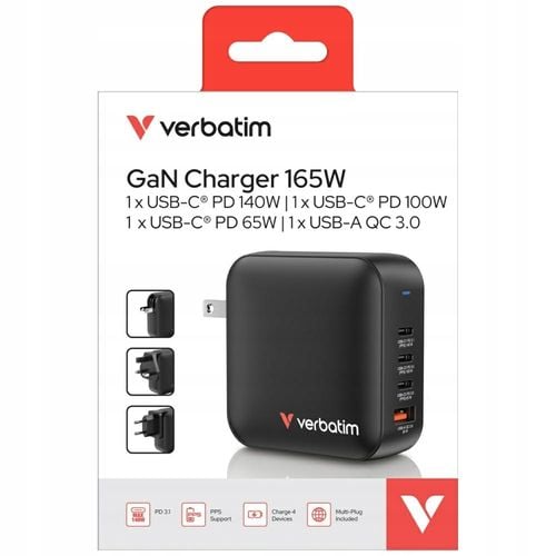 Ładowarka ścienna Verbatim Mini GaN 165W 3xUSB-C PD 1xUSB-A QC 3.0 na Arena.pl