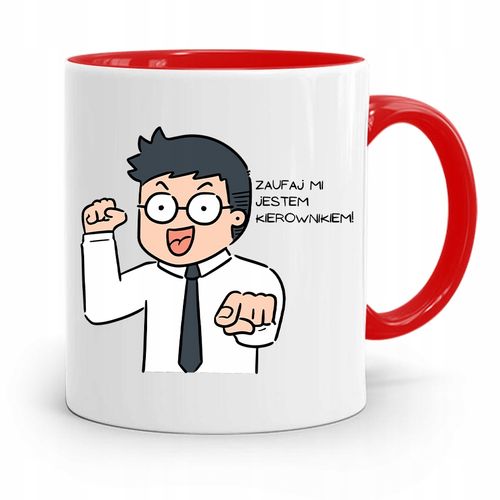 Kubek Czerwony Prezent Dla Kierownika Zaufaj Mi Z Nadrukiem Ze Zdjęciem na Arena.pl