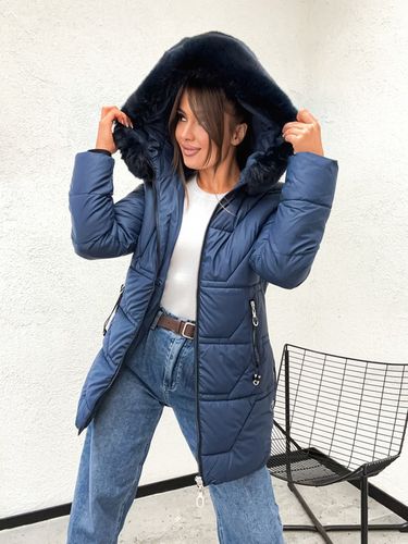 Ciepła zimowa długa kurtka damska pikowana granat 8377 roz S na Arena.pl