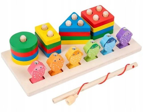 V4 ŁOWIENIE RYBEK SORTER DREWNIANY UKŁADANKA FIGURY 4 WIEŻE WĘDKA RYBKI 2w1 na Arena.pl