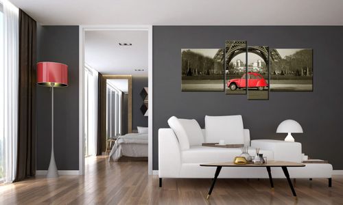 Obraz 120X55 Czerwone Auto Przed Wieżą Eiffla na Arena.pl