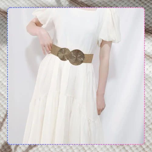 Damski słomiany pasek pleciony okrągła klamra beżowy ozdobny pas na Arena.pl