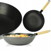 PATELNIA ŻELIWNA WOK Z DREWNIANĄ RĄCZKĄ DO SMAŻENIA 30 CM GAZ INDUKCJA