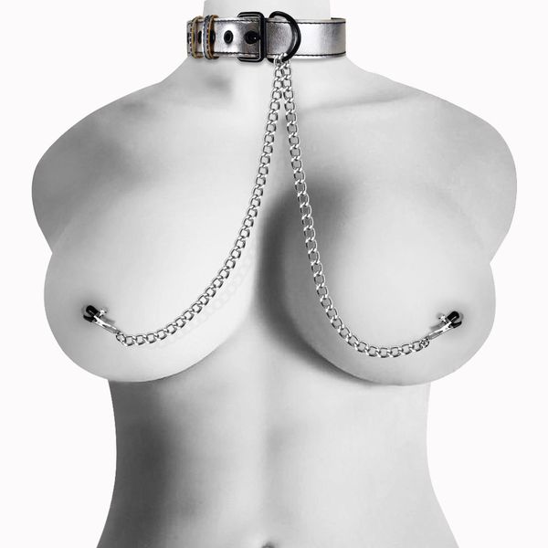Metallic Silver Collar With Nipple Clamp zdjęcie 3