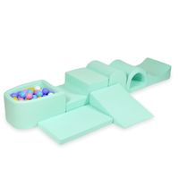 Największy piankowy plac zabaw z basenem micro miętowy + 100 piłek (jasny błękit, żółte, wrzos, pudrowy róż, białe)