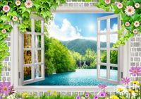 FOTOTAPETA widok okno kwiaty góry las 3D 400x280