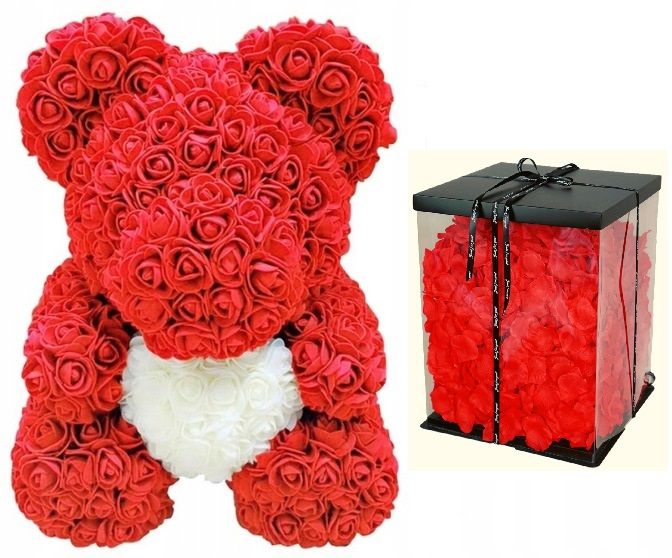 CZERWONY MIŚ Z BIAŁYM SERCEM 40cm + PŁATKI + BOX zdjęcie 1