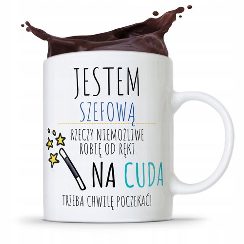 Kubek Prezent Dla Szefowej Na Cuda Trzeba Poczekać Z Nadrukiem Ze Zdjęciem na Arena.pl