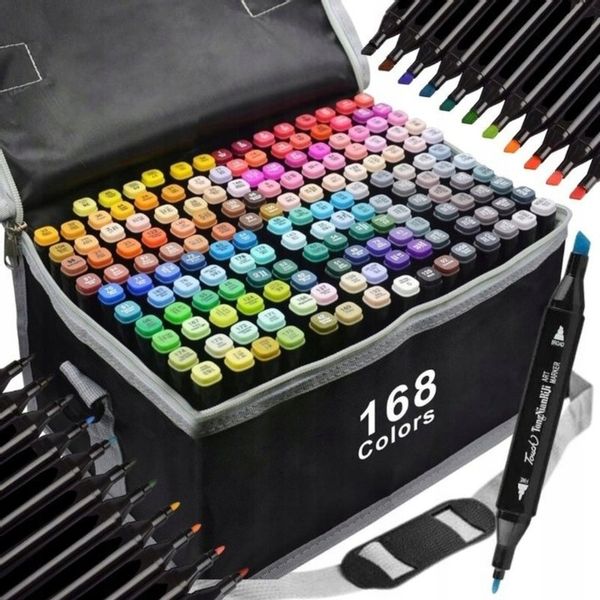 Markery 168 sztuk flamastry pisaki dwustronne alkoholowe precyzyjne + torba zdjęcie 8