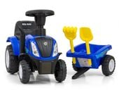 Jeździk New Holland T7 traktor z przyczepką grabki łopatka niebieski blue