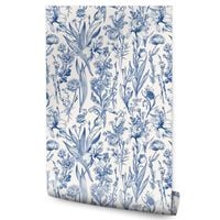 Tapeta Do Sypialni Delikatne NIebieskie KWIATY Natura Liście Styl Retro