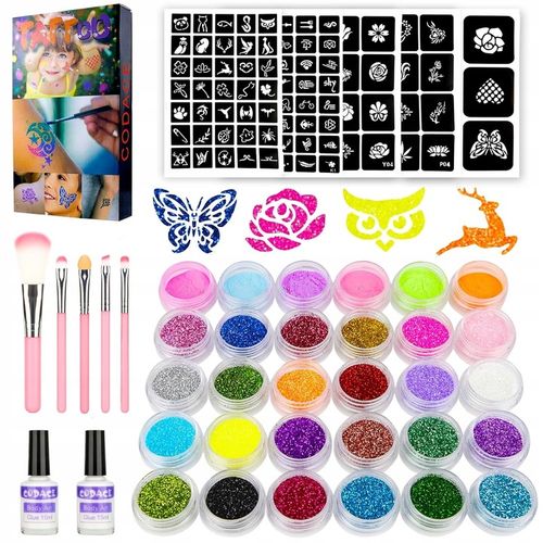 ZESTAW DO ROBIENIA TATUAŻY BROKATOWYCH SZABLONY ZMYWALNE BROKATY DLA DZIECI na Arena.pl