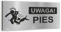 Tabliczka TWÓJ NAPIS UWAGA PIES Tablica SREBRNA informacyjna nierdzewna