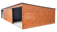 GARAŻ BLASZANY 12m x 6m poziom - spad tył  - 4x Brama uchylna - jasny orzech drewnopodobny TS298 12x6