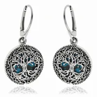 Eleganckie wiszące srebrne okrągłe kolczyki turkus drzewo życia srebro 925