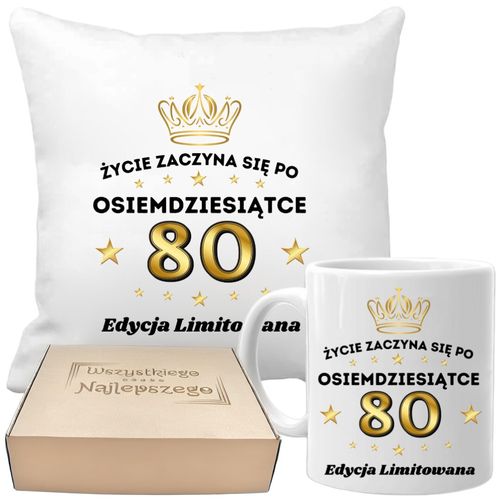 Poduszka i kubek prezent na 80 URODZINY zestaw prezentowy w pudełku na Arena.pl